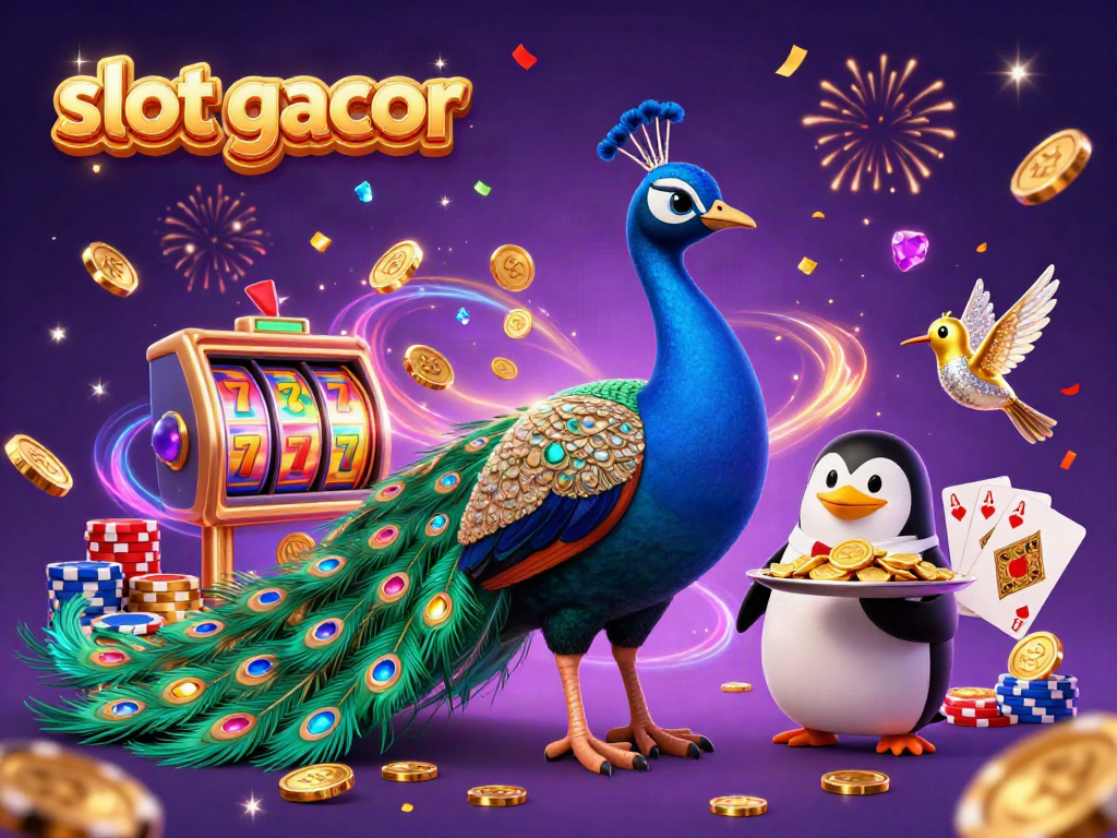 Experience excitement with slot gacor as vibrant characters and golden coins surround an elegant scene.