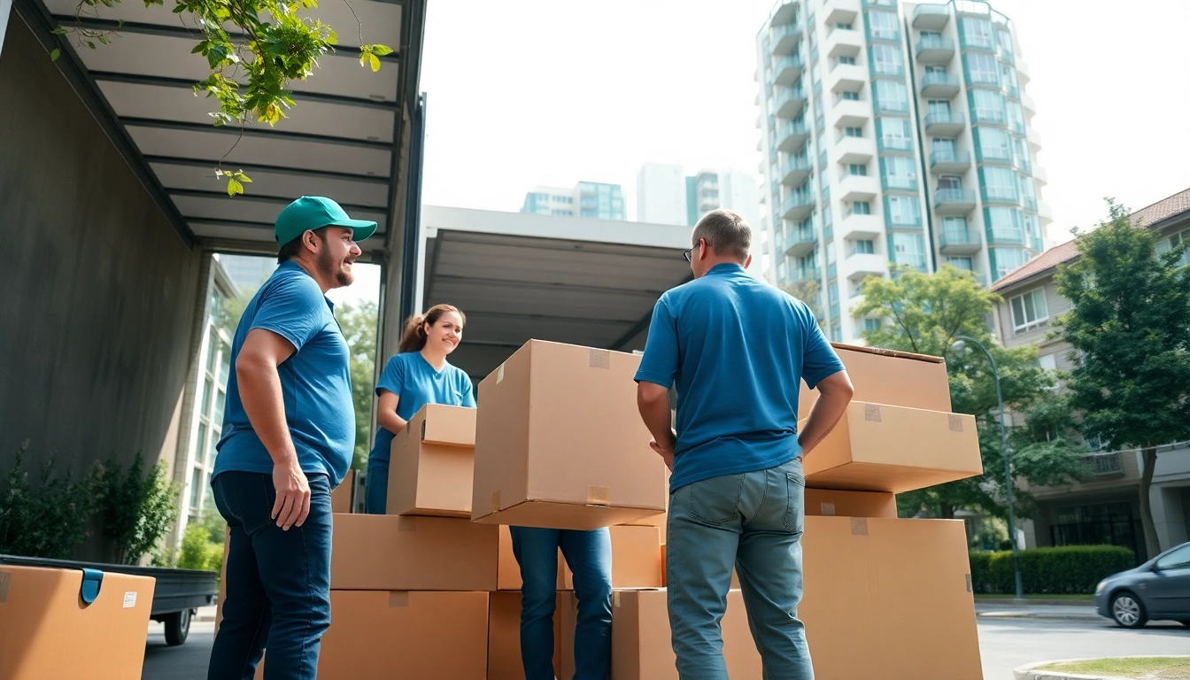 Efficient residential moving services team expertly loading a moving truck in a tranquil city setting.
