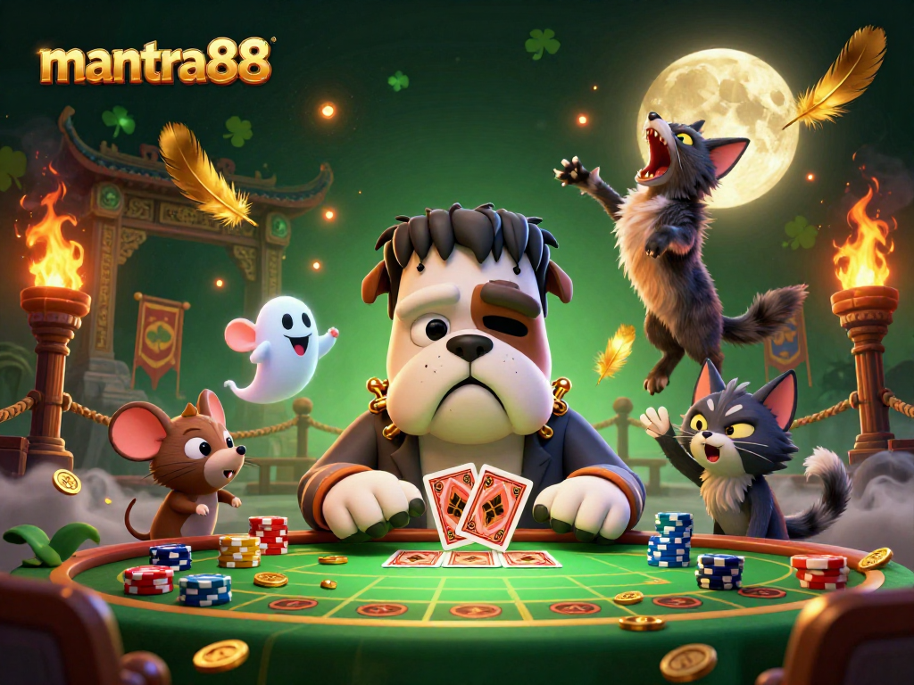 Engage in gaming excitement at mantra88 with a 3D cartoon scene showcasing a bulldog dealer, ghost mouse, and kitten, rich with casino elements.