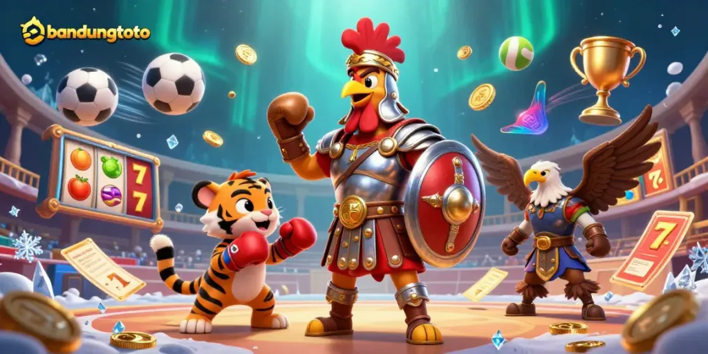 Engage with bandungtoto through vibrant 3D slots action featuring a gladiator rooster and dynamic sports elements.