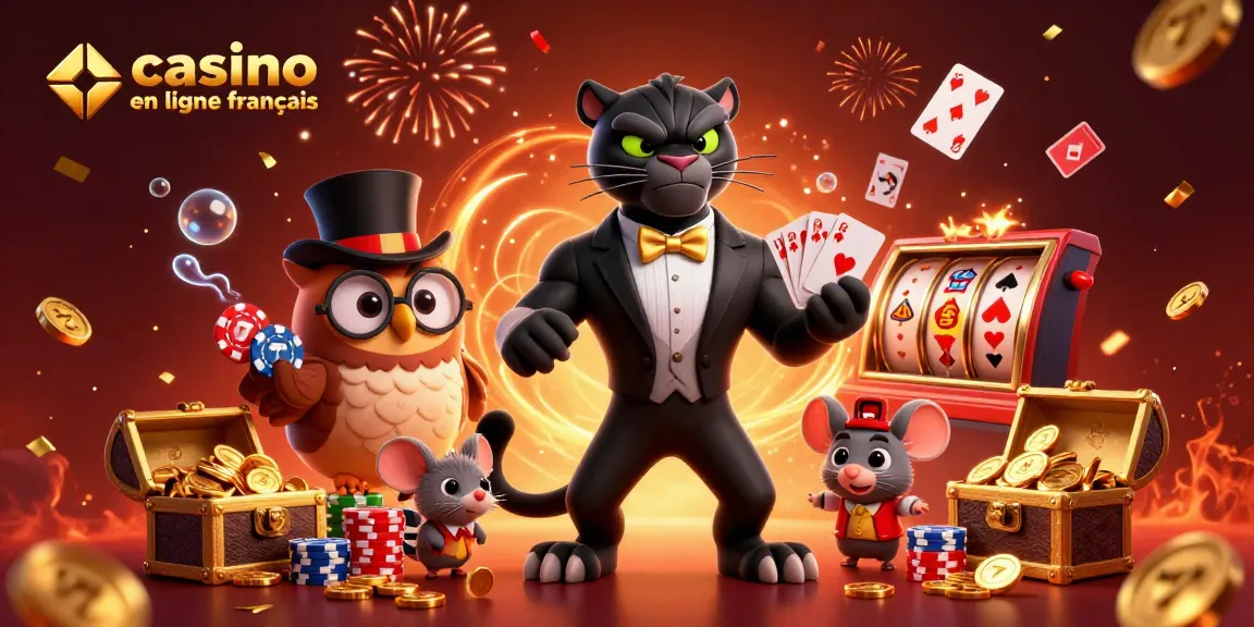 Jouez avec notre illustration de casino en ligne français, mettant en scène une croupière panthère, une chouette et une souris chanceuse.