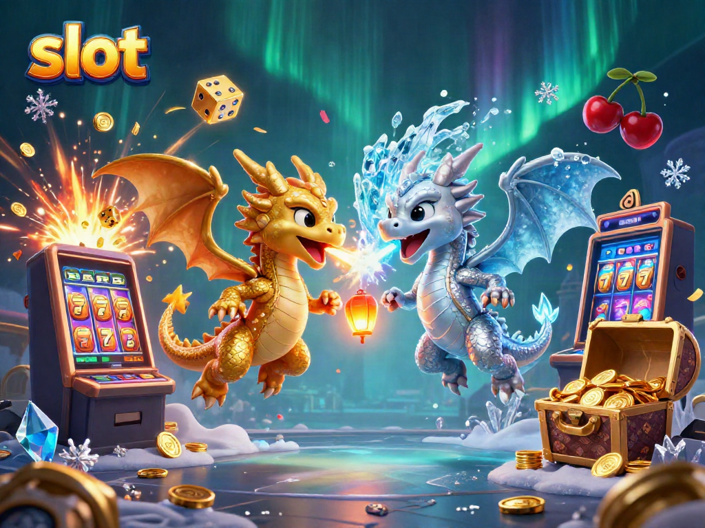 Permainan slot seru dengan mesin slot besar dan karakter naga 3D yang menarik di cahaya yang dramatis.
