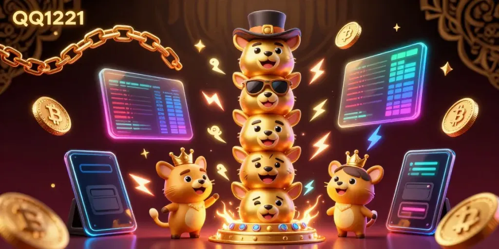 Play exciting games at QQ1221 with a vibrant 3D casino illustration featuring dynamic elements.