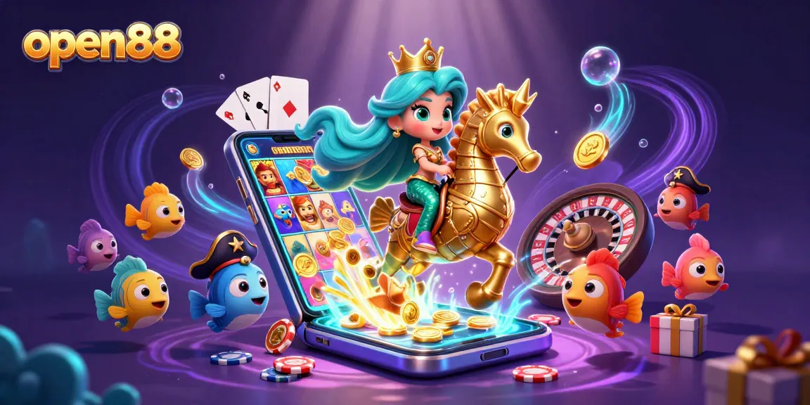 Experience the excitement of open88 with a vibrant underwater casino scene featuring a mermaid and seahorse.