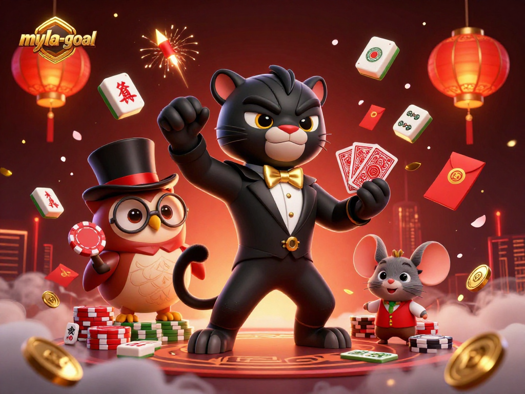 Engage in myla-goal's exciting world with a stylish black panther dealer and charming casino elements.