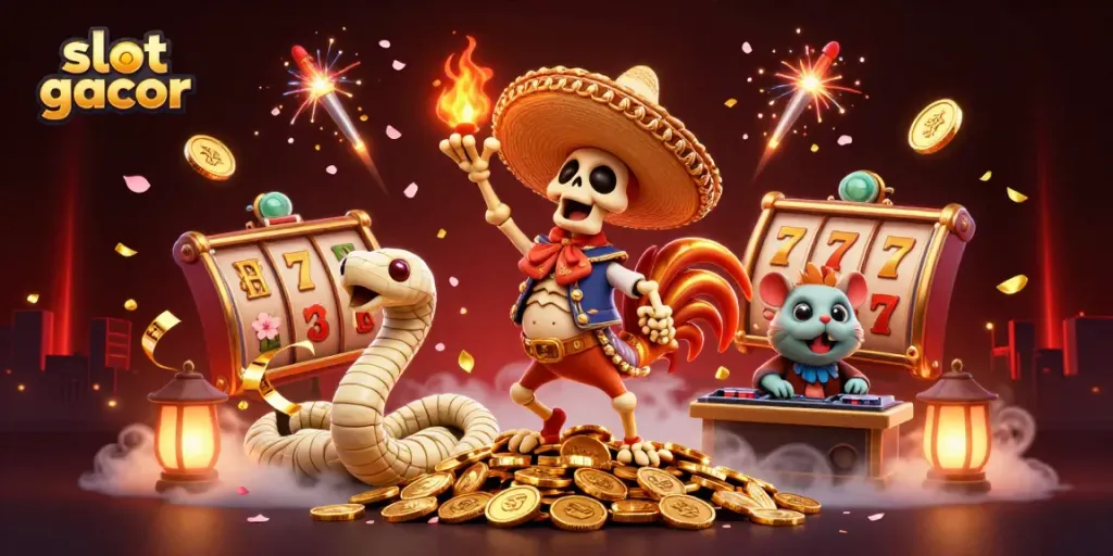 Experience thrilling wins with slot gacor as a skeleton mariachi celebrates amidst golden coins and festive elements.