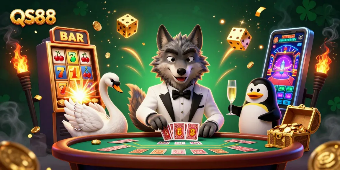Experience the vibrant gaming world of QS88 with cards dealt and champagne poured.