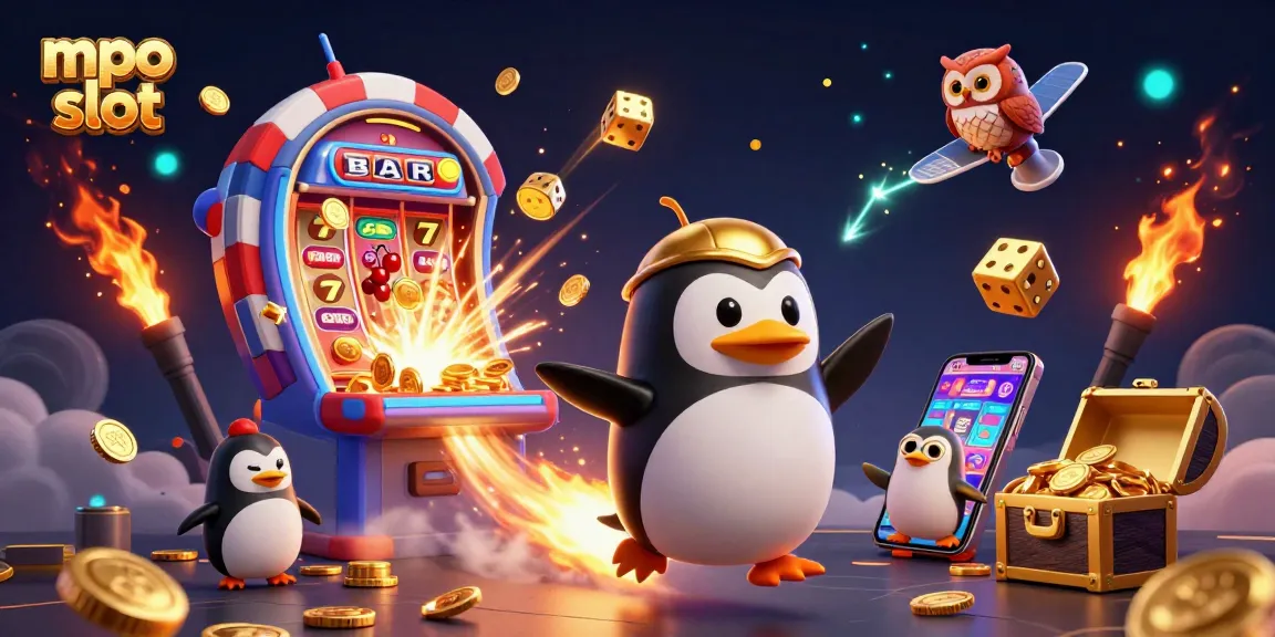 Experience the thrilling mpo slot adventure with a golden penguin racing towards a vibrant casino space station.