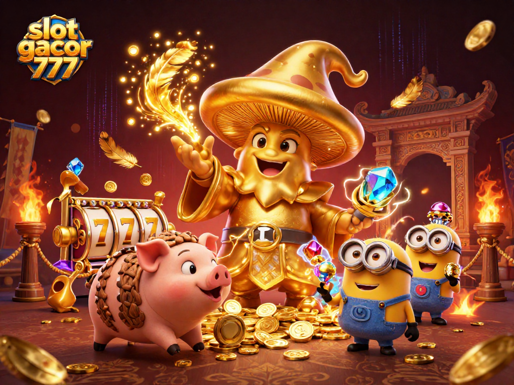 Experience slot gacor 777 with an enchanting scene of a golden wizard and treasure.