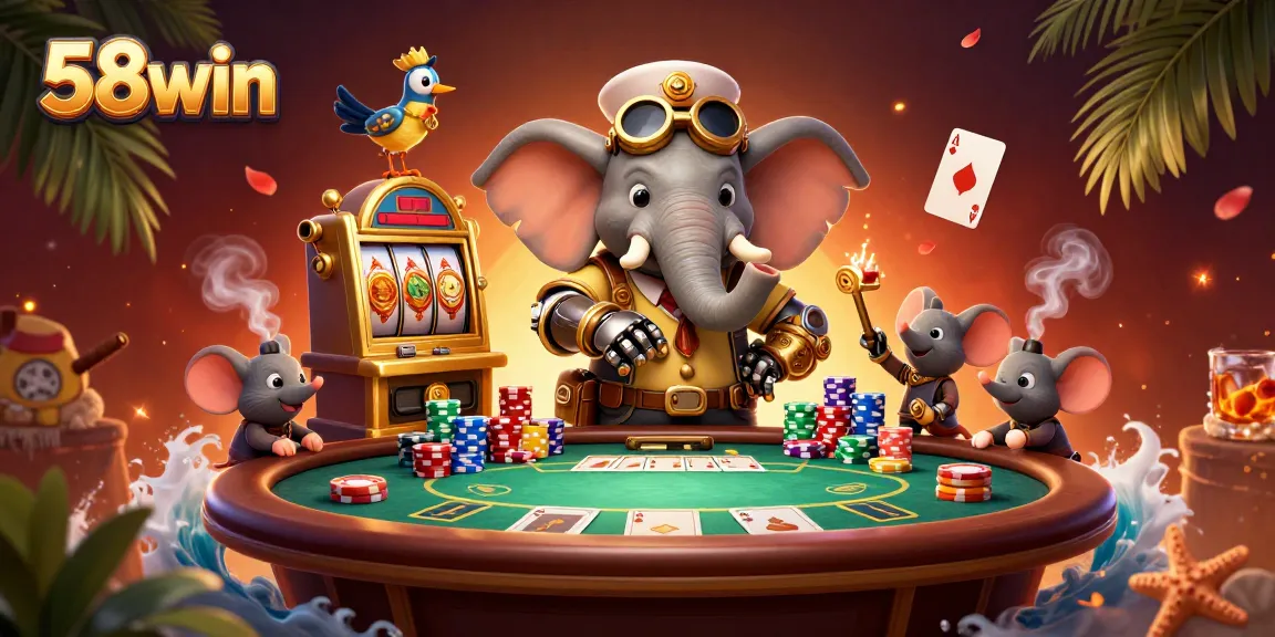 Spin the reels at 58win with colorful characters enjoying a vibrant casino atmosphere.