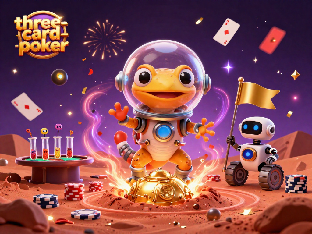 Engage with three-card-poker excitement as a Martian gecko and robot discover a vibrant casino.