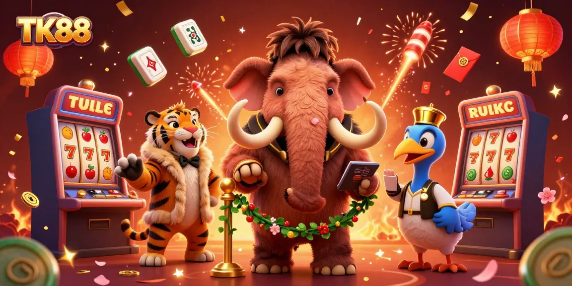 Place your bets with TK88 as the woolly mammoth bouncer checks IDs in a vibrant casino scene.