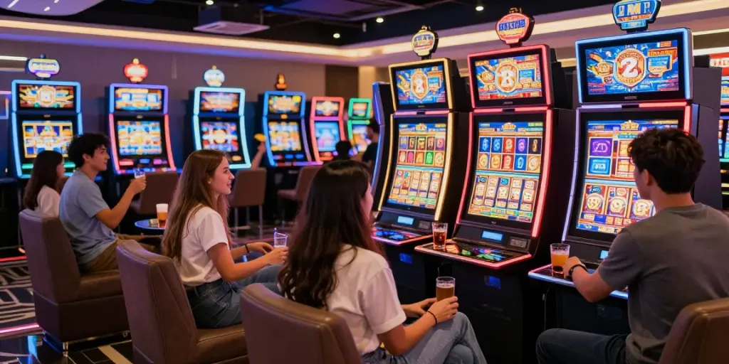 Exciting group playing on slot server Thailand in modern casino atmosphere.