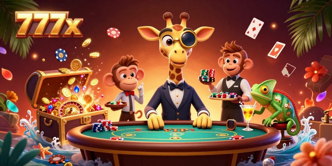 Experience the vibrant casino atmosphere with 777x, featuring a high-roller giraffe and colorful game elements.