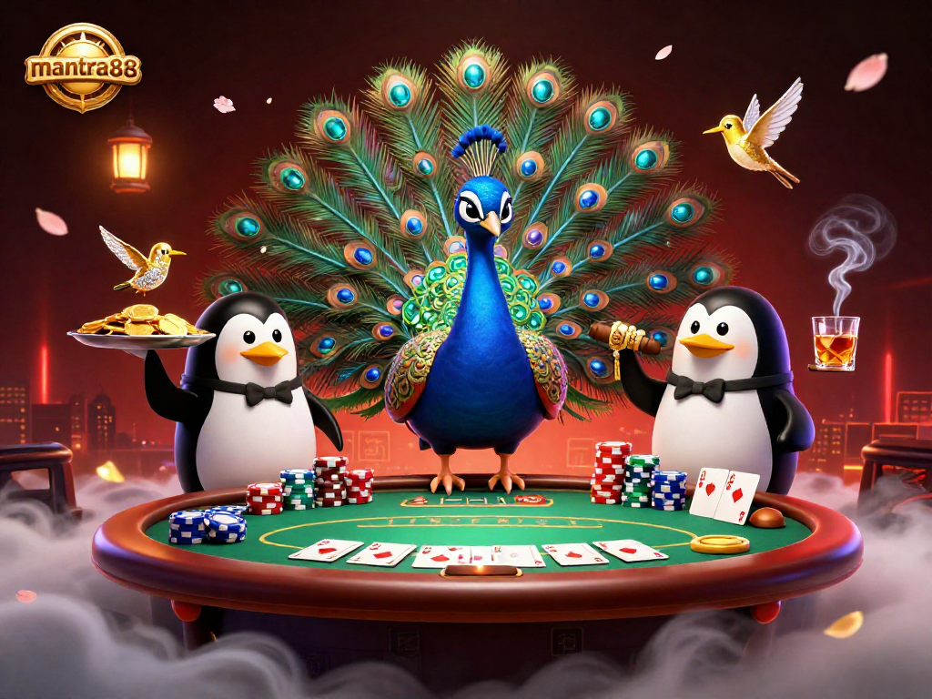 Engage in thrilling games at mantra88 with an aristocratic peacock, butler penguin, and shimmering casino elements.