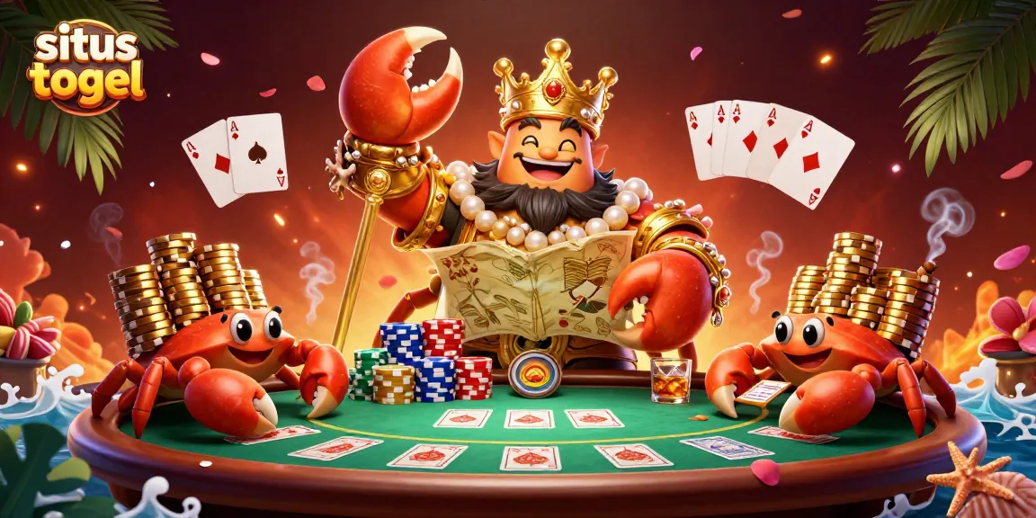 Engage with situs togel in a vibrant casino scene featuring a golden crab emperor and colorful poker chips.