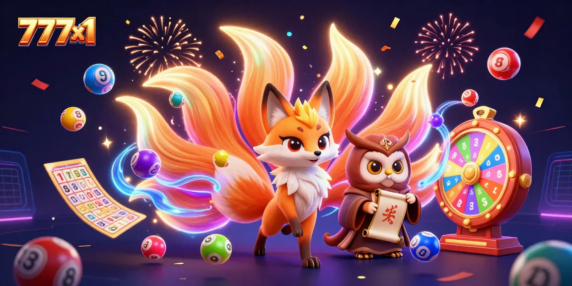 Win big at 777x1 with the colorful animated casino-themed illustration featuring lucky symbols and characters.