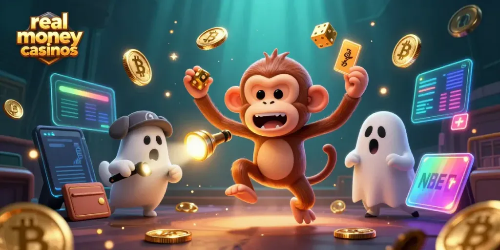 Experience thrilling real money casinos with a whimsical ghostly monkey juggling cards and coins.