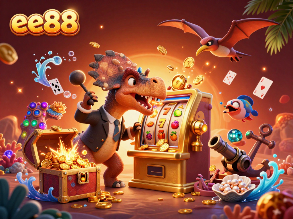 ee88 jackpot scene with cartoon dinosaurs and golden slot machine action