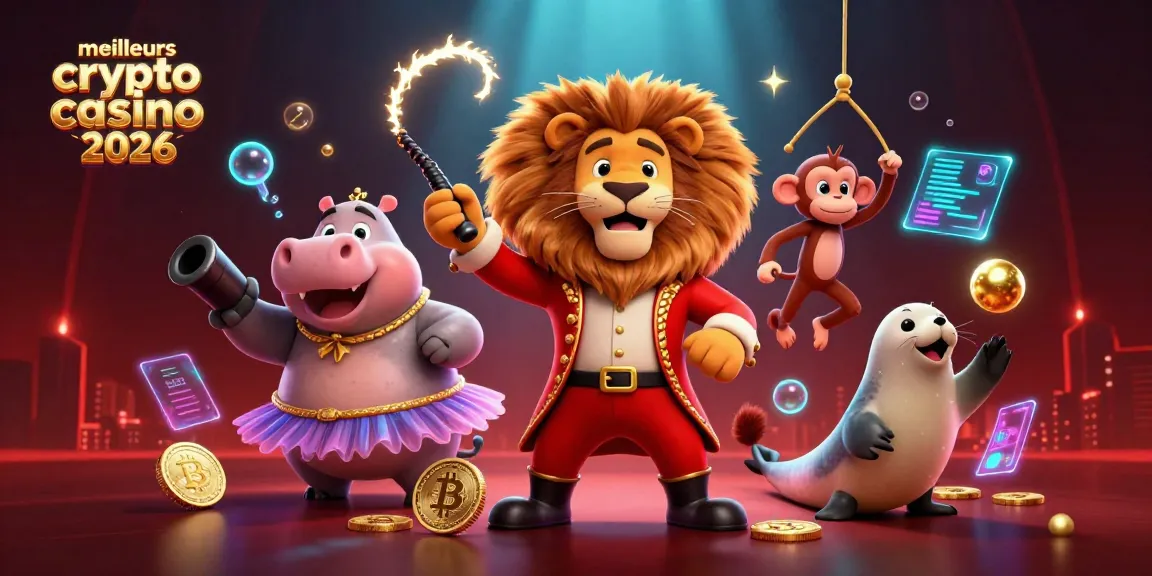 Meilleurs crypto casino 2026, illustration captivante d'un lion maître de cérémonie entouré de crypto-monnaies et d'effets lumineux.
