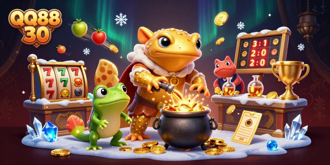 Engage with QQ88 30 as the golden salamander alchemist turns base metals into gold coins, surrounded by dynamic gaming elements.