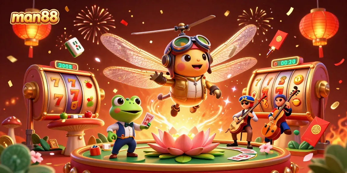 Enjoy thrilling gaming experiences with man88 as a frog croupier deals cards at a vibrant lily pad casino.