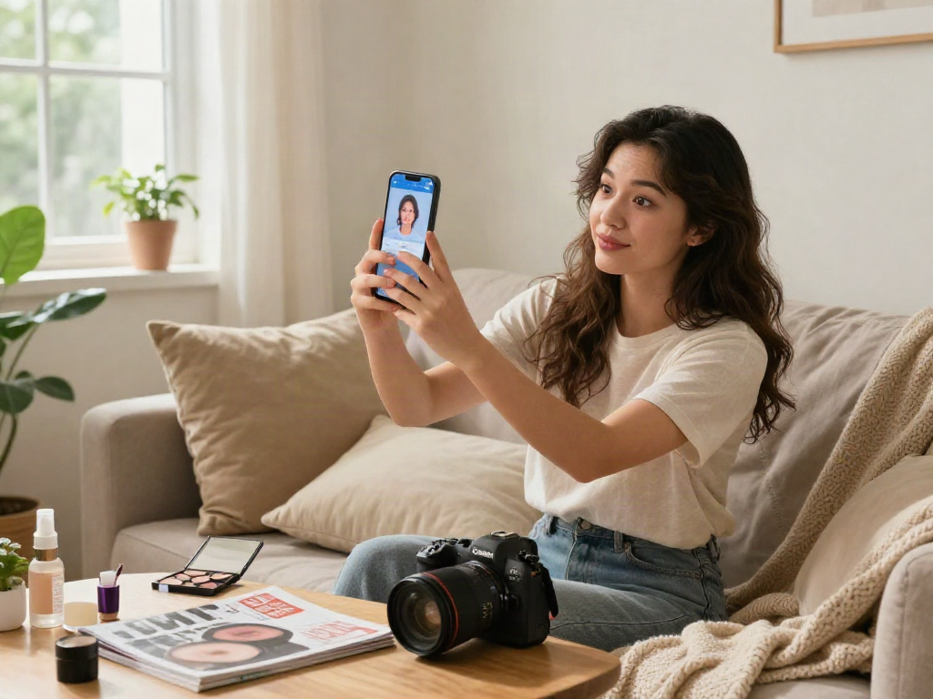 Young woman exploring how old do I look with a selfie on her smartphone.