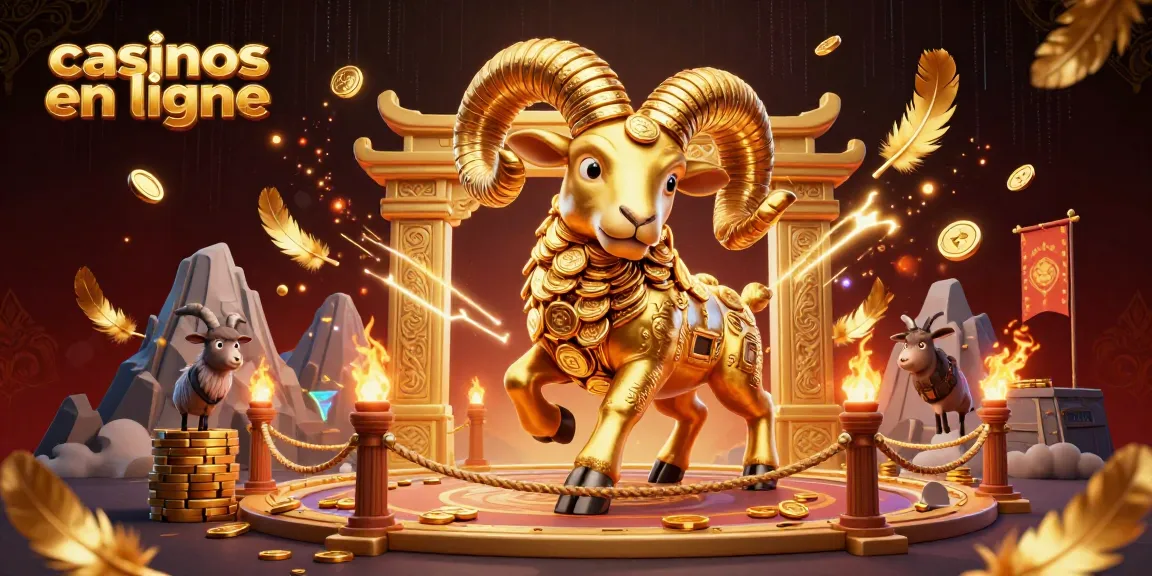 Gagnez aux casinos en ligne avec une illustration dynamique, mettant en scène un bélier doré et des éléments de jeu.
