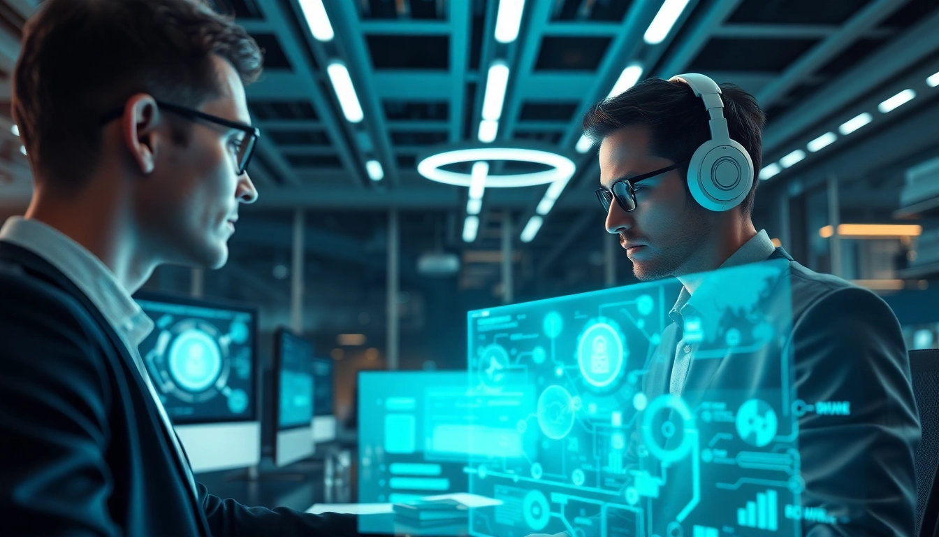 AI agents interacting with advanced technology in a modern workspace environment.