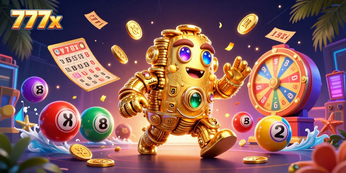 Engage with thrilling games at 777x, featuring vibrant elements with a golden golem and dynamic lottery balls.