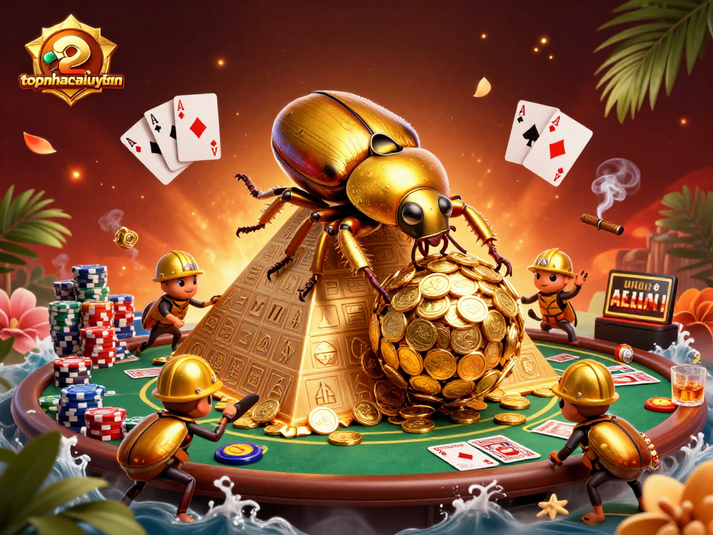 topnhacaiuytinn showcases a golden dung beetle rolling a fortune of coins in a vibrant casino context.