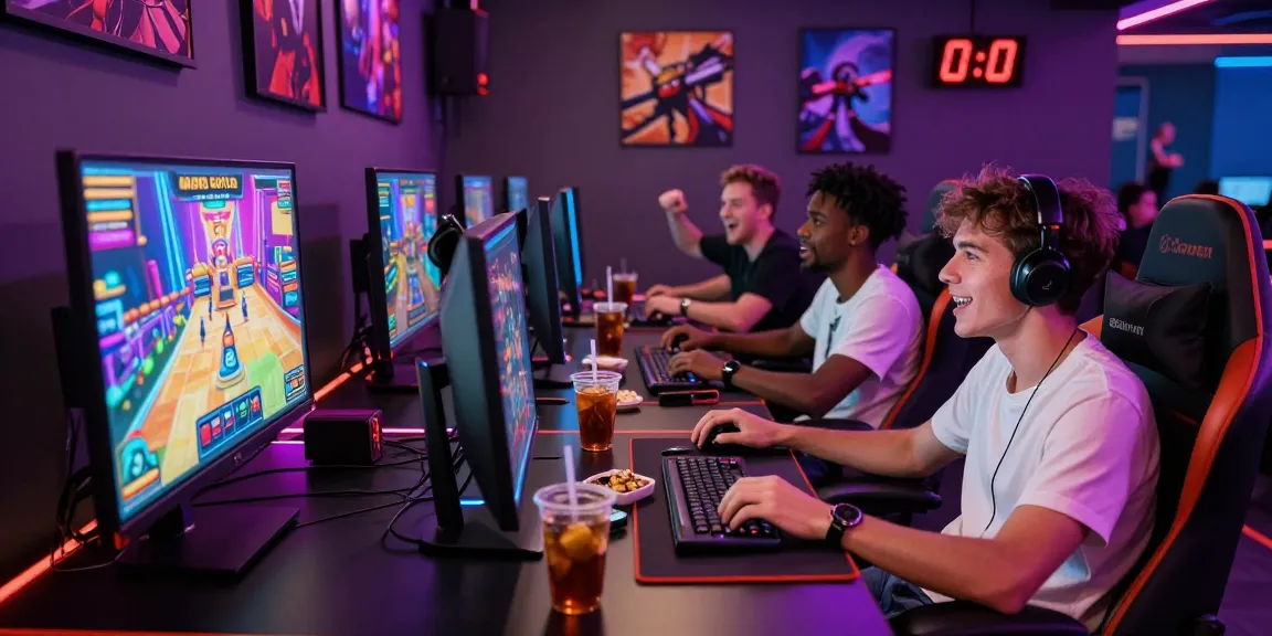 Friends enjoying exciting gaming session on เกมสล็อต in a vibrant gaming lounge.