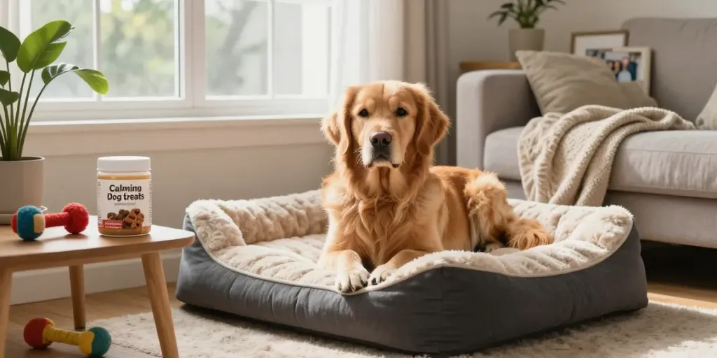Calming Dog Treats beside a relaxed dog in a cozy living room setting