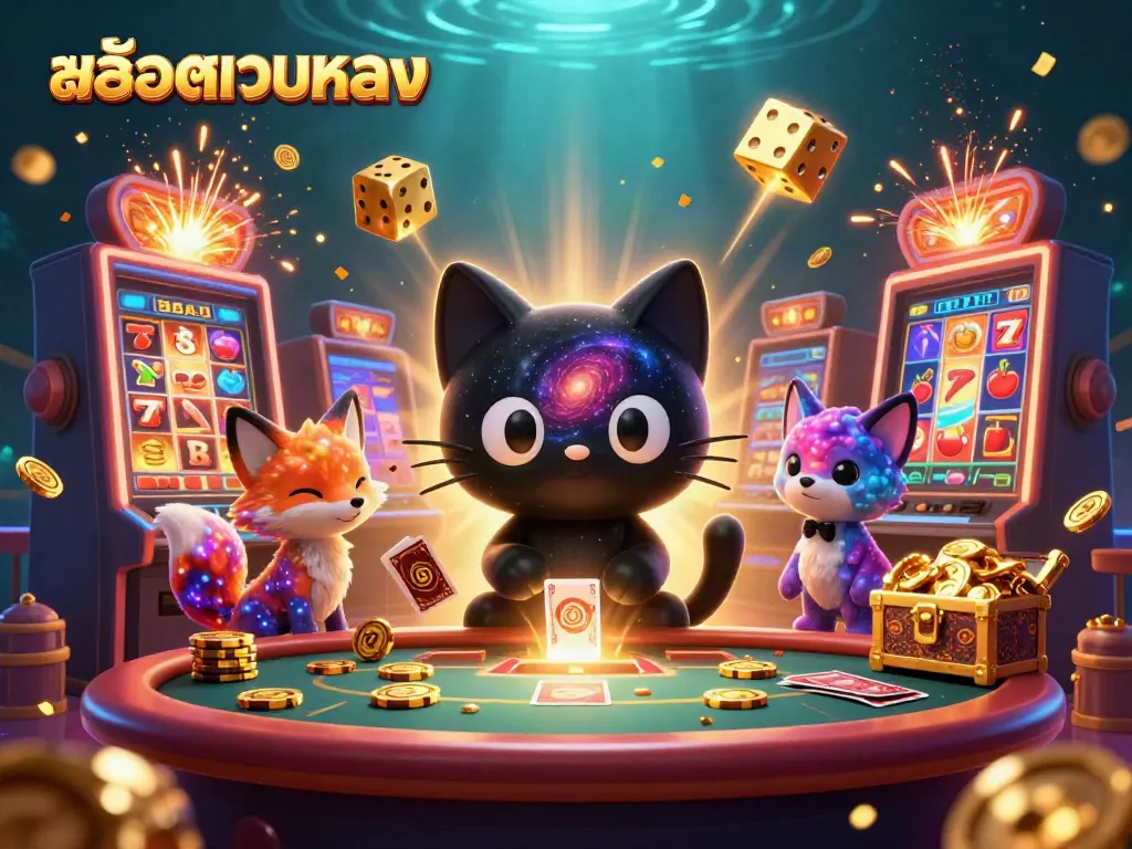 Sparkling cosmic casino scene with สล็อตเว็บตรง theme, showcasing a cartoon black hole cat and a nebula fox.