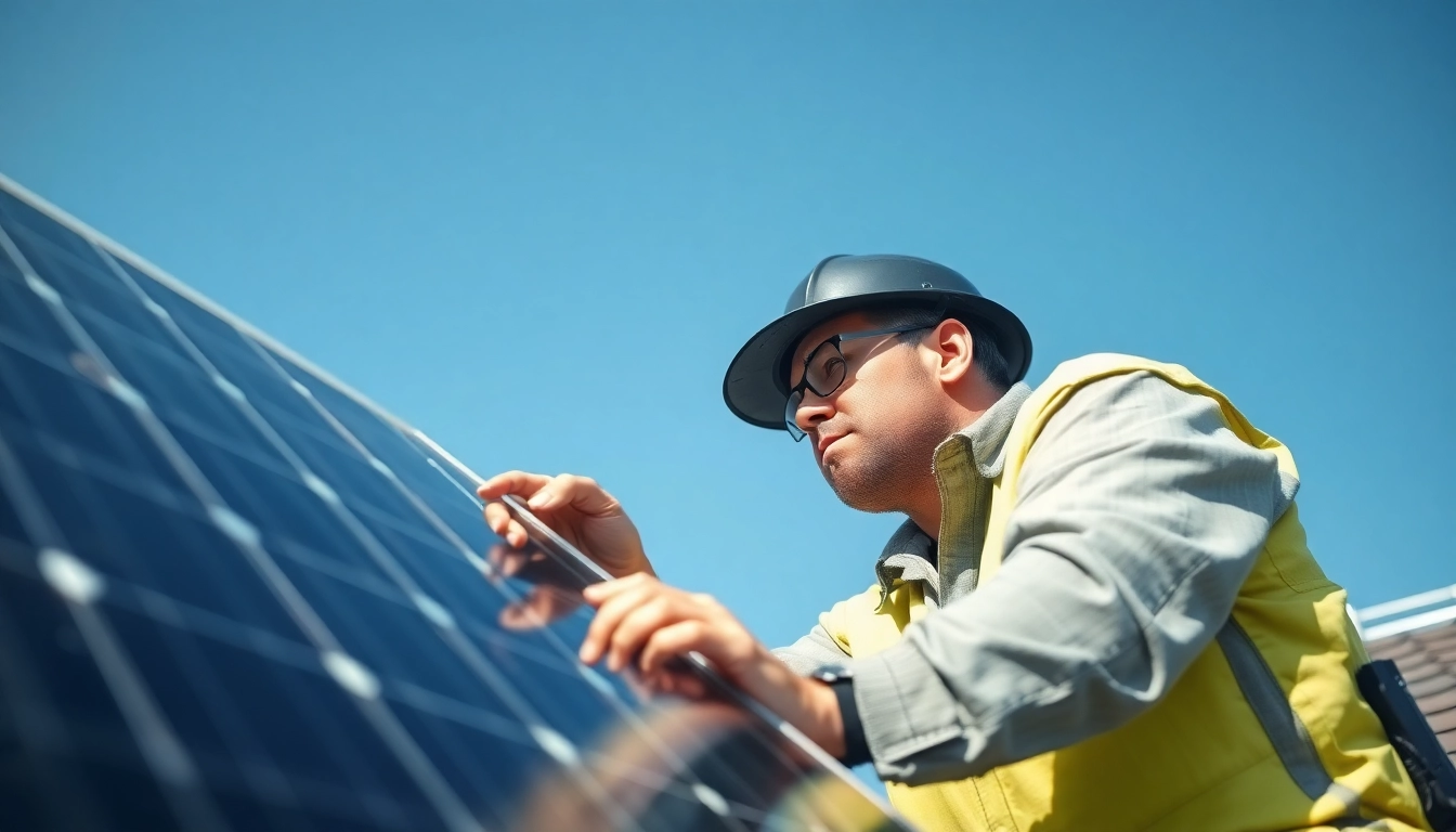 Technician engaged in solar panel repair work on a roof, showcasing expertise and focus.