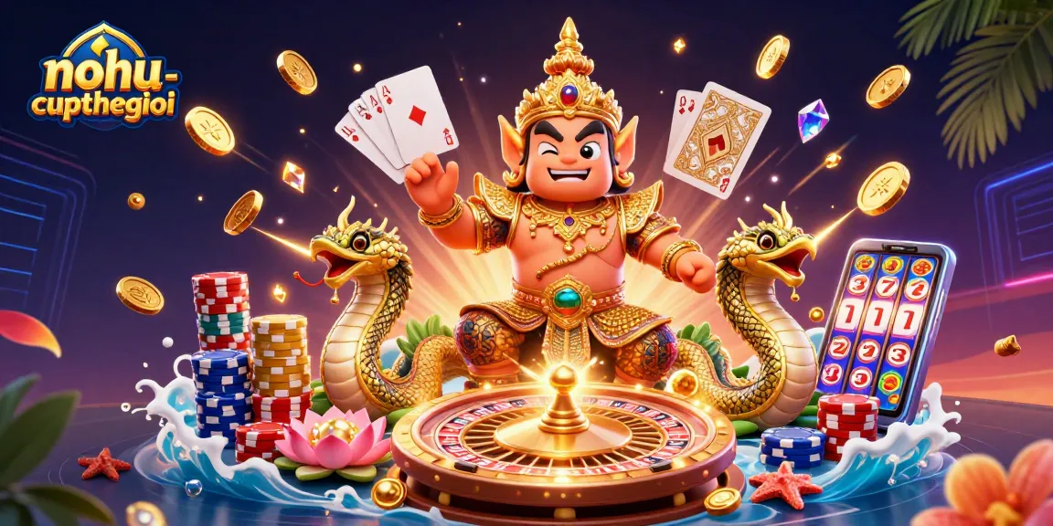 Nohu-cupthegioi showcases vibrant gameplay with a Thai guardian, roulette, and poker elements.