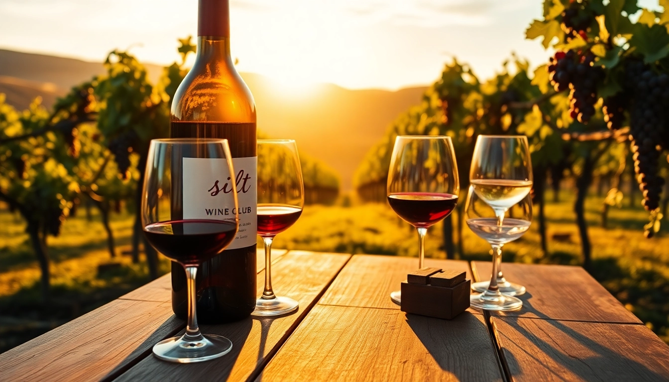 Taste the wines from silt wine club at a picturesque vineyard setting with elegant glasses and lush grapes.