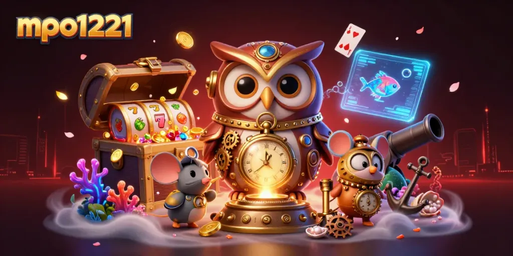 Win big with mpo1221's dynamic slot experience featuring a steampunk owl and vibrant treasures.