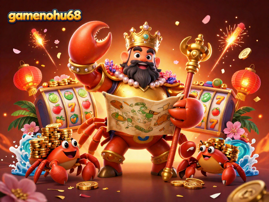Experience gamenohu68 with vibrant slot reels and a majestic crab in a lively casino scene