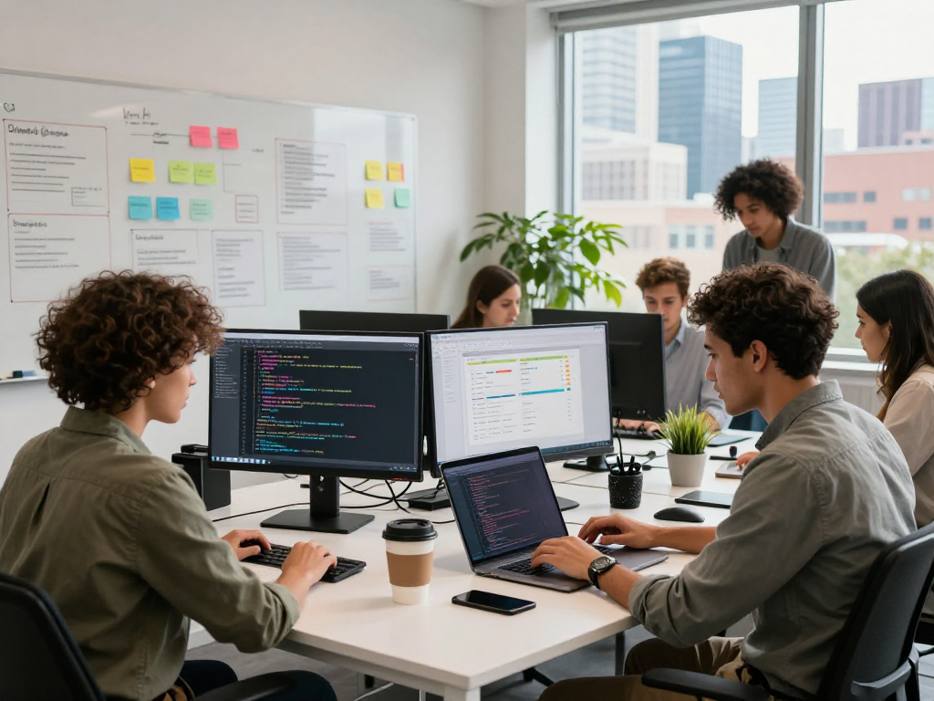 Dynamic tech workspace showcasing net88 development team collaborating on software, vibrant city view