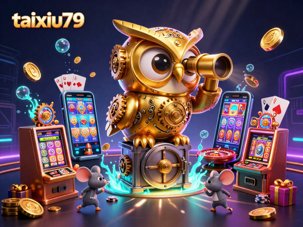 Engage with taixiu79 illustrated by a clockwork owl observing a vibrant casino with slot games and gold coins.