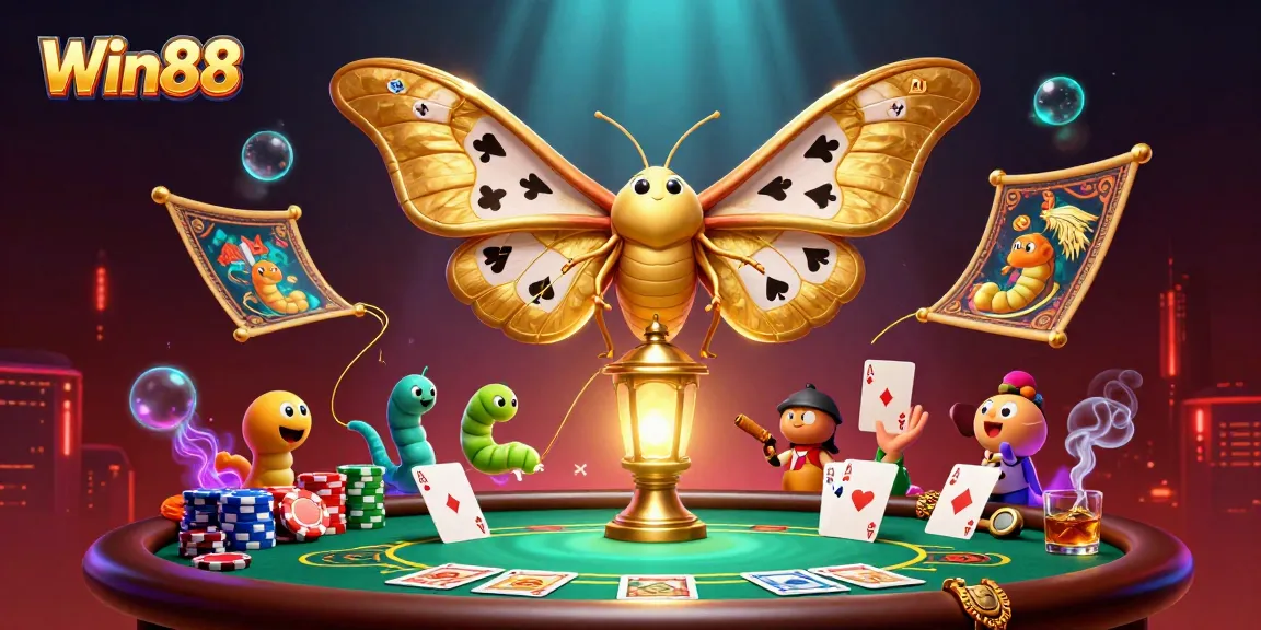 Win88 captivates players with a vibrant casino scene featuring an ornate moth and poker elements.
