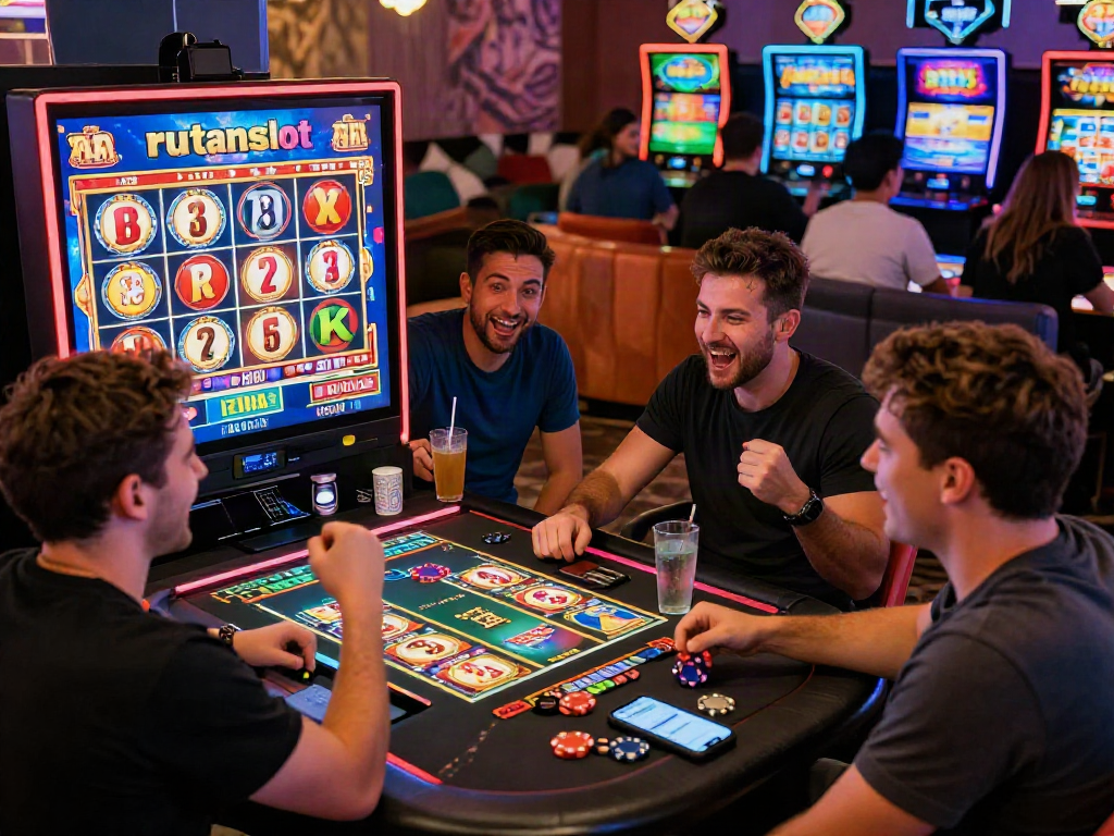 Engaged friends celebrating a win on the rutanslot game in an exciting online casino setting.