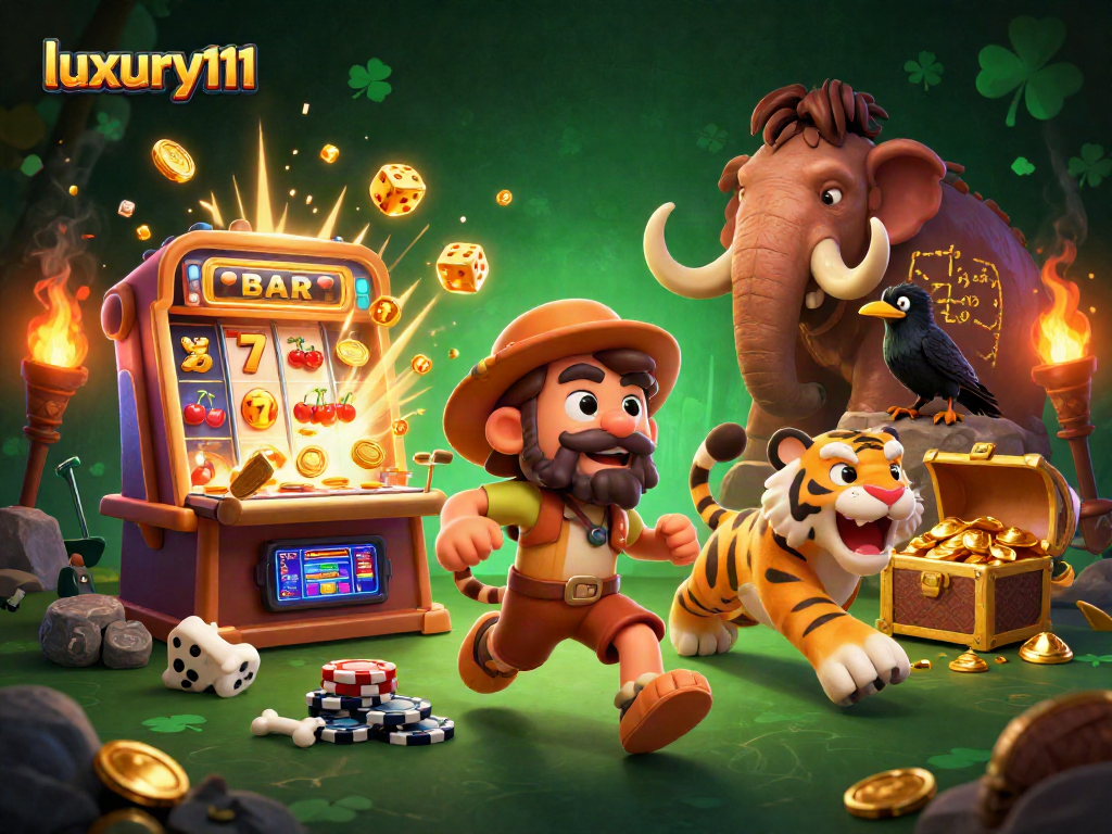 Experience the excitement of luxury111 in a lively prehistoric casino with vibrant game elements.