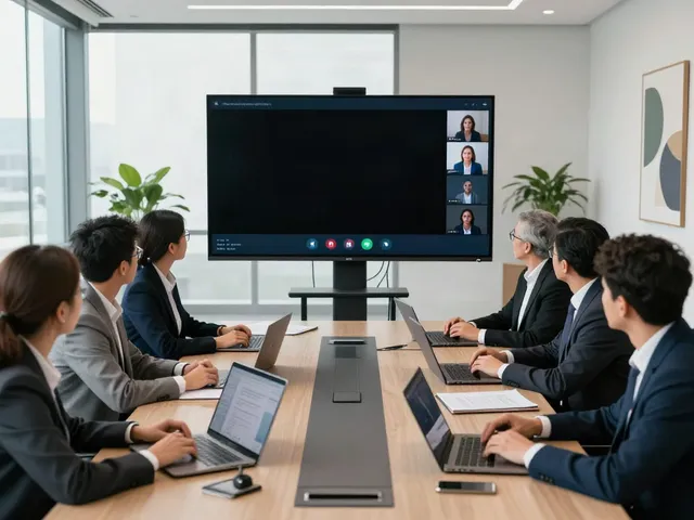 Deepfake-protected meetings being discussed in a professional corporate setting with engaged team members.