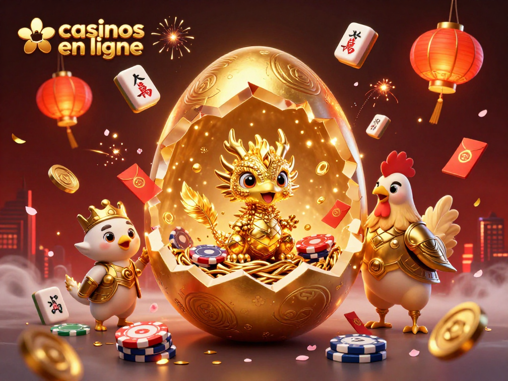 Découvrez l'univers des casinos en ligne avec un dragon d'or et des jetons de poker dans un décor festif.