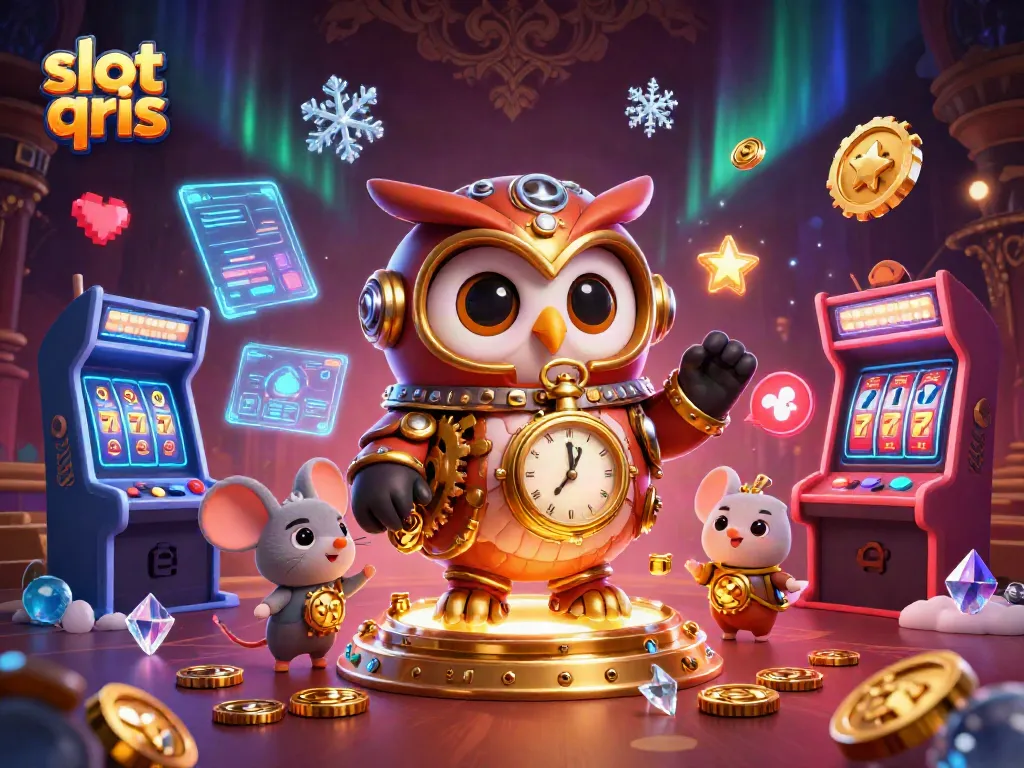 Spin the slot qris reels in a vibrant 3D casino scene filled with colorful arcade elements and magical effects.