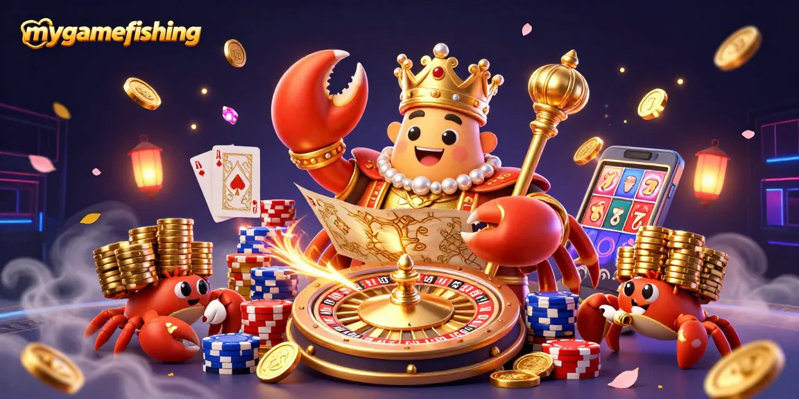 Spin to win with mygamefishing’s vibrant casino illustration featuring a crab emperor amidst golden treasure!
