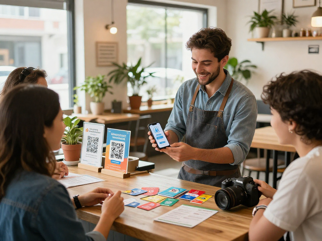 Customers using the loyalty app at a cafe, showcasing engagement and community building.