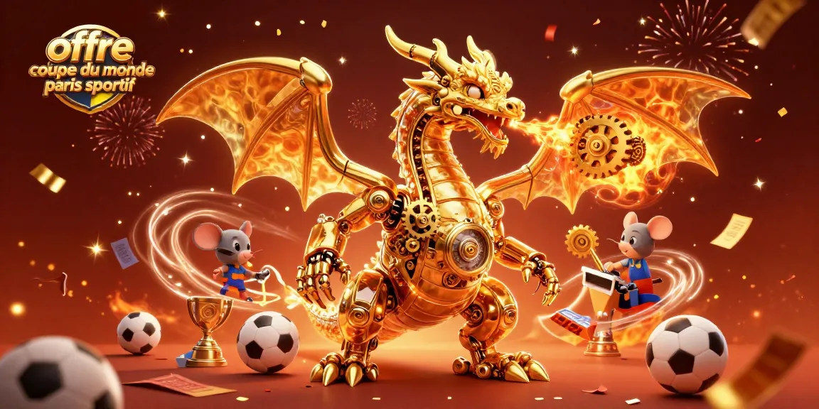 Action de parier sur l'offre coupe du monde paris sportif avec une scène de dragon et des éléments sportifs.